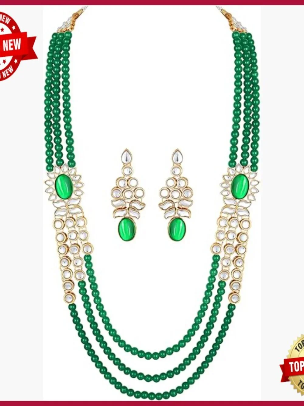 3-Layer Beaded Necklace & Earring Set - Traditional Indian Jewellery
